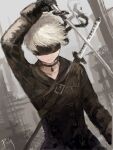  1boy bishounen black_blindfold black_coat black_gloves blindfold choker coat gloves katana male_focus nier:automata nier_(series) pinlin short_hair solo sword upper_body weapon white_hair yorha_no._9_type_s 