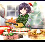  1girl black_hair blush character_request christmas_tree food green_sweater hair_over_one_eye highres indoors kekewan looking_at_viewer meat medium_hair oven_mitts parted_lips pie plate red_eyes smile solo star_(symbol) sweater turkey_(food) window yu-gi-oh! yu-gi-oh!_tag_force 