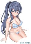  absurdres alternate_breast_size alternate_hairstyle bikini blue_bikini blue_eyes blue_hair breasts gotland_(kancolle) highres kantai_collection large_breasts long_hair looking_at_viewer mole mole_under_eye ponytail simple_background sitting smile striped striped_bikini swimsuit tf_cafe white_background 