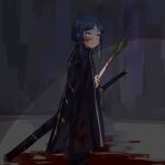  1girl black_coat blood blood_on_clothes blood_on_face blood_on_hands blood_on_weapon blood_splatter blue_eyes blue_hair coat expressionless library_of_ruina looking_to_the_side onion porccu_200g project_moon short_hair spring_onion sword the_bookhunter weapon 