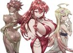  3girls bare_shoulders blonde_hair bracelet breasts brown_hair cleavage dark-skinned_female dark_skin dress earrings elbow_gloves gloves jewelry large_breasts long_hair looking_at_viewer marl_barrock mary_landorott multiple_girls necklace no_panties red_dress red_eyes red_hair sideboob small_breasts smile tensei_colosseum_saijaku_skill_de_saikyou_no_onna-tachi_o_kouryaku_shite_dorei_harem_tsukurimasu yellow_eyes zunta 