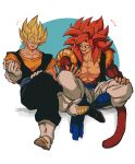  absurdres biceps black_wristband blue_eyes blue_sash body_fur dragon_ball dragon_ball_gt dragon_ball_z earrings gogeta highres jewelry male_focus metamoran_vest monkey_boy monkey_tail muscular muscular_male no_nipples pants pectorals potara_earrings red_fur red_hair relio_db318 sash simple_background smile spiked_hair super_saiyan super_saiyan_1 super_saiyan_4 tail vegetto veins veiny_hands white_pants 