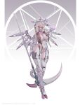  1girl breasts cleavage full_body highres holding holding_scythe holding_weapon horns large_breasts long_hair looking_at_viewer mask mecha_musume mechanical_wings navel original pasties purple_eyes revealing_clothes scythe solo suerte weapon white_hair wings 
