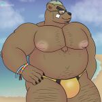  anthro ashigara barazoku beach bear belly bikini_thong bracelet brown_bear bulge clothing eyewear grizzly_bear hi_res jewelry lifewonders lucknomz male mammal overweight overweight_male pecs seaside solo summer sunglasses swimwear thong tokyo_afterschool_summoners underwear ursine 