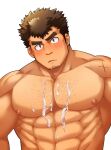  1boy abs bara blush brown_hair cum cum_on_body cum_on_male cum_on_pectorals facial facial_hair goatee goatee_stubble implied_yaoi large_pectorals long_sideburns looking_at_viewer male_focus muscular muscular_male nipples nude obliques oskn_tengoku parted_lips pectorals scar short_hair sideburns solo sparse_chest_hair strongman_waist takabushi_kengo thick_eyebrows tokyo_afterschool_summoners upper_body 