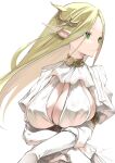  1girl artist_name blonde_hair breasts cleavage dress elf eyelashes fantasy forehead green_eyes highres large_breasts long_hair original parted_bangs pointy_ears smile solo straight_hair upper_body white_background white_dress won_(az_hybrid) 