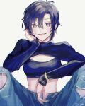  antenna_hair black_hair bra denim earrings grey_eyes highres idolmaster jeans jewelry kikuchi_makoto looking_at_viewer mame88ta midriff open_fly open_mouth pants short_hair simple_background single_earring sitting smile torn_clothes torn_jeans torn_pants underwear 