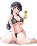  1girl absurdres arm_between_legs barefoot bikini black_bikini black_hair blush boku_no_kokoro_no_yabai_yatsu breasts brown_eyes cleavage closed_mouth collarbone commentary_request feet food gibun_(sozoshu) hair_between_eyes highres holding holding_food large_breasts long_hair navel revision sidelocks simple_background sitting smile solo swimsuit toes underwear wariza white_background yamada_anna 