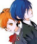  1boy 1girl ako_(eanaaati1) black_jacket black_ribbon blazer blue_eyes blue_hair bow brown_eyes closed_mouth gekkoukan_high_school_uniform hair_between_eyes hair_intakes hair_ornament hairclip highres jacket looking_at_viewer orange_hair parted_bangs persona persona_3 persona_3_portable red_ribbon ribbon school_uniform shiomi_kotone shirt short_hair white_background white_shirt yuuki_makoto 