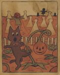  detailed_background domestic_cat farm felid feline felis fence feral food fruit fur hi_res jack-o&#039;-lantern mammal outside paws plant plastiboo pumpkin scarecrow solo tail 