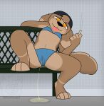  2023 absurd_res anthro bench bikini black_clothing black_hat black_headwear black_nose blue_bikini blue_clothing blue_swimwear bodily_fluids breasts brown_body brown_fur camel_toe canid canine canis clothed clothing detailed_background digital_drawing_(artwork) digital_media_(artwork) domestic_dog drugs female full-length_portrait fur genital_fluids hat head_tuft headgear headwear hi_res holding_blunt inside leaning leaning_back leaning_to_side looking_at_viewer mammal marijuana midriff navel peeing pink_tongue plantigrade portrait sam_(sleepysheepy17) shaded sitting sitting_on_bench sleepysheepy17 smoke soft_shading solo stoned substance_intoxication swimwear tail tan_body tan_fur tile tongue tongue_out tuft urine watersports yellow_eyes 