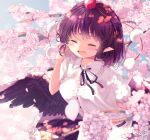  1girl :d bird_wings black_hair black_ribbon black_skirt black_wings blush breasts cherry_blossoms closed_eyes collared_shirt hat highres kemo_chiharu open_mouth pointy_ears pom_pom_(clothes) puffy_short_sleeves puffy_sleeves red_headwear ribbon shameimaru_aya shirt short_hair short_sleeves skirt smile solo tengu tokin_hat touhou white_shirt wings 