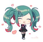  1girl ^_^ black_shirt black_skirt black_thighhighs blush_stickers chibi closed_eyes facing_viewer full_body green_hair hands_up hatsune_miku heart highres leo/need_(project_sekai) leo/need_miku multicolored_hair open_mouth own_hands_together plaid pleated_skirt red_hair safety_pin shirt shoes short_sleeves signature simple_background skirt sofra solo standing streaked_hair swept_bangs thighhighs twitter_username vocaloid white_background white_footwear 