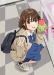  1girl blue_skirt brown_hair crane_game indoors long_sleeves looking_at_viewer mattaku_mousuke medium_hair open_mouth original shirt shoes skirt smile solo squatting stuffed_animal stuffed_toy sweater v 