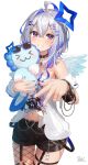  1girl absurdres ahoge amane_kanata amane_kanata_(6th_costume) animal asymmetrical_legwear axolotl black_bracelet black_choker black_shorts blue_eyes blue_hair blue_nails breasts chain choker commentary grey_hair hair_ornament hairclip heart heart_o-ring highres holding holding_animal hololive long_hair looking_at_viewer mismatched_legwear multicolored_hair nail_polish nanaushi navel o-ring o-ring_thigh_strap off-shoulder_shirt off_shoulder pink_hair shirt short_shorts short_sleeves shorts signature single_fishnet_legwear small_breasts smile solo standing thigh_strap upao_(amane_kanata) virtual_youtuber wavy_hair white_background white_shirt x_hair_ornament 