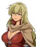  1girl artist_name blonde_hair breasts brown_cape cape cleavage dark_skin fire_emblem fire_emblem:_the_binding_blade igrene_(fire_emblem) large_breasts looking_at_viewer mole red_tunic simple_background smile solo white_background yellow_eyes yukia_(firstaid0) 