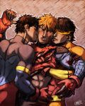  3boys abs bara biting black_hair blood blood_from_mouth blush bodysuit boy_sandwich character_request check_character commission cris_art ear_biting ear_piercing facial_hair flaming_eye gloves goatee hand_under_clothes human_torch kiss kissing_cheek long_sideburns male_focus marvel multiple_boys orange_hair piercing sandwiched short_hair sideburns sideburns_stubble smile spider-boy_(spider-man) superboy thick_eyebrows toned toned_male torn_bodysuit torn_clothes torn_gloves upper_body yaoi 
