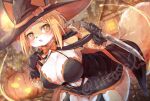  1girl animal_ears black_cape black_gloves black_skirt blonde_hair blush bow bowtie breasts cape fox_ears fox_girl fox_tail furry furry_female gloves hair_ornament hairpin hat holding holding_knife holding_weapon knife large_breasts leaning_forward looking_at_viewer nyifu open_mouth orange_bow orange_bowtie orange_cape orange_eyes original short_ponytail signature skirt solo standing tail watermark weapon witch_hat 