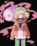  1girl beret bianca_(pokemon) black_background blonde_hair bow eneko_(olavcnkrpucl16a) green_eyes green_headwear green_pants hat hat_bow highres holding holding_poke_ball hood hooded_jacket jacket long_sleeves musharna no_eyewear open_clothes open_jacket orange_jacket pants poke_ball poke_ball_(basic) pokemon pokemon_(creature) pokemon_(game) pokemon_bw2 shirt short_hair white_bow white_shirt 