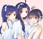  3girls ahoge antenna_hair black_hair blue_hair blush breasts cleavage clothing_cutout collarbone dress fingernails forehead hand_on_another&#039;s_shoulder highres idolmaster idolmaster_(classic) kikuchi_makoto kisaragi_chihaya long_hair looking_at_viewer medium_breasts miura_azusa multiple_girls nail_polish ponytail shirako_(srk_srtk) shirt short_hair shoulder_cutout simple_background sleeveless sleeveless_shirt smile upper_body very_long_hair white_dress white_shirt 