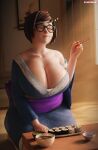  1girl 3d absurdres barefoot black-framed_eyewear blue_kimono breasts brown_hair chopsticks closed_eyes collarbone commentary curvy eating english_commentary food fugtrup full_body glasses hair_ornament hair_stick hand_on_own_thigh happy highres holding holding_chopsticks huge_breasts japanese_clothes kimono lips mei_(overwatch) no_bra nose obi off_shoulder overwatch overwatch_1 purple_obi sash seiza short_hair sitting solo sushi tatami 