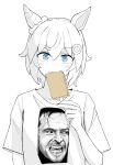  1boy 1girl :3 animal_ears blue_eyes closed_mouth commentary_request ear_covers eating food greyscale hair_between_eyes hair_ornament hairclip here&#039;s_johnny!_(meme) highres holding holding_food holding_popsicle horse_ears horse_girl jack_torrance looking_at_viewer meme miya_nns35 monochrome open_mouth popsicle print_shirt seiun_sky_(umamusume) shirt short_hair short_sleeves simple_background single_ear_cover spot_color teeth the_shining umamusume white_background 