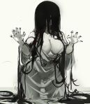  1girl backlighting breasts claw_pose cleavage collarbone dress hair_over_eyes hair_over_face highres horror_(theme) large_breasts off_shoulder rakeemspoon see-through see-through_dress see-through_silhouette solo standing the_ring white_background white_dress yamamura_sadako 