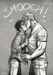  2boys bad_id bad_tumblr_id bara blush closed_eyes collared_shirt couple cris_art denim english_text feet_out_of_frame from_side greyscale hulkling jeans kiss long_sideburns male_focus marvel monochrome multiple_boys pants shirt shirt_tug short_hair sideburns toned toned_male wiccan yaoi 