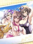  3girls :d absurdres ahoge anis_(nikke) anis_(nikke)_(cosplay) anis_(sparkling_summer)_(nikke) arm_up armpits aviator_sunglasses bare_shoulders bikini bikini_skirt black_choker black_one-piece_swimsuit blue_sky blush breasts brown_eyes brown_hair choker cleavage closed_mouth cloud collarbone commentary_request competition_swimsuit cosplay costume_switch counters_(nikke) covered_navel day eyepatch_bikini eyewear_on_head front-tie_bikini_top front-tie_top glasses goddess_of_victory:_nikke goggles goggles_on_head green_eyes grin group_picture hair_between_eyes hair_ornament hand_on_another&#039;s_head highleg highleg_bikini highleg_swimsuit highres jacket jewelry large_breasts long_hair looking_at_another looking_at_viewer medium_breasts midriff multiple_girls neckerchief necklace neon_(blue_ocean)_(nikke) neon_(nikke) neon_(nikke)_(cosplay) off_shoulder official_alternate_costume one-piece_swimsuit one_eye_closed open_mouth over-rim_eyewear photo_(object) pink-tinted_eyewear pink_neckerchief pink_sailor_collar pink_skirt piyopiyomaru_(piyo8823) rapi_(classic_vacation)_(nikke) rapi_(nikke) rapi_(nikke)_(cosplay) red_eyes sailor_collar semi-rimless_eyewear short_hair side-tie_bikini_bottom sidelocks skirt sky smile standing star_(symbol) star_necklace sunglasses sweat swim_goggles swimsuit teeth tinted_eyewear two-tone_swimsuit v white_bikini white_hair white_one-piece_swimsuit yellow_jacket 