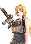  absurdres assault_rifle black_shirt black_tank_top blonde_hair bulletproof_vest camouflage camouflage_pants ellen_aice gun h&amp;k_hk416 hair_ornament hairclip highres holding holding_gun holding_weapon military muvluv pants ponytail purple_eyes rifle shirt tactical_clothes tank_top utsucan weapon white_background 