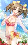 1girl :d akasa_tanu beach bikini blue_sky blurry blurry_foreground blush bow breasts brown_eyes brown_hair cinderella_girls_gekijou cleavage clenched_hand cloud collarbone cowboy_shot day dot_nose flower flower_necklace hair_bow hair_flower hair_ornament hair_ribbon hand_up heart hibiscus hood hood_down hoodie horizon idolmaster idolmaster_cinderella_girls idolmaster_cinderella_girls_starlight_stage imai_kana leaf lens_flare long_hair long_sleeves looking_at_viewer medium_breasts navel ocean open_clothes open_hoodie open_mouth outdoors pink_bikini pink_flower plaid plaid_bikini red_flower ribbon ribbon-trimmed_bikini sky sleeves_rolled_up smile soap_bubbles solo sparkle standing sunlight swimsuit teeth twintails upper_teeth_only white_hoodie yellow_flower yellow_ribbon 
