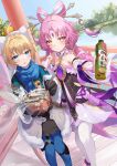  2girls absurdres ahoge bare_shoulders blonde_hair blue_eyes blue_scarf bottle can canned_food chinese_commentary commentary_request feet_out_of_frame food fu_xuan_(honkai:_star_rail) hair_ornament hair_stick highres holding holding_bottle holding_food honkai:_star_rail honkai_(series) long_hair looking_at_viewer lynx_landau multiple_girls pdxen pink_hair reaching reaching_towards_viewer scarf short_hair standing very_long_hair yellow_eyes 
