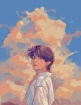  cloud cloudy_sky collared_shirt ear_piercing highres looking_at_viewer neck_tattoo piercing purple_hair shirt sky sodapink swept_bangs tattoo v_(bts) 