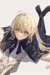  1girl :i ahoge anri_(x_anri_x) artoria_caster_(fate) artoria_caster_(second_ascension)_(fate) artoria_pendragon_(fate) black_pantyhose blonde_hair blue_bow blue_bowtie blue_eyes blush bow bowtie brooch clothing_cutout commentary fate/grand_order fate_(series) green_eyes hair_between_eyes highres jewelry long_hair long_sleeves lying no_shoes on_stomach pantyhose shirt shoulder_cutout solo symbol-only_commentary the_pose twintails white_shirt 