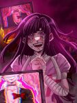  1girl :d apron bandaged_arm bandages blush bow breasts choker cleavage crying danganronpa:_trigger_happy_havoc danganronpa_(series) danganronpa_2:_goodbye_despair enoshima_junko glitch grin hands_up large_breasts long_hair looking_up open_mouth own_hands_clasped own_hands_together pink_eyes pink_hair pink_shirt puffy_short_sleeves puffy_sleeves red_bow sake_daikon shirt short_sleeves smile solo tears teeth television tsumiki_mikan 