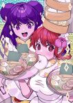  2girls absurdres apron bamboo_steamer baozi blush braid chinese_clothes colored_eyelashes double_bun egg_(food) flower food food_in_mouth food_on_head frilled_apron frills hair_bun hair_flower hair_ornament highres holding holding_tray long_hair looking_at_food looking_at_viewer multiple_girls noodles nostresstuna object_on_head open_mouth patterned_background pink_flower purple_eyes purple_hair ramen ranma-chan ranma_1/2 red_eyes red_hair shampoo_(ranma_1/2) sparkle sparkling_eyes tray upper_body 
