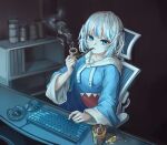  1girl animal_hood blue_eyes blue_hair blue_hood blue_hoodie chair dainillust drawstring gawr_gura gawr_gura_(1st_costume) hair_ornament highres holding holding_smoking_pipe hololive hololive_english hood hood_down hoodie indoors keyboard_(computer) long_sleeves looking_at_viewer mouse_(computer) multicolored_hair shark_girl shark_hair_ornament shark_hood sitting smoke smoking smoking_pipe solo streaked_hair two_side_up virtual_youtuber white_hair 