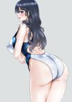  1girl ass black_eyes black_hair from_above from_behind grey_background highleg highleg_swimsuit highres leaning_forward looking_at_viewer one-piece_swimsuit original shiromitsu_suzaku simple_background solo swimsuit two-tone_swimsuit white_one-piece_swimsuit 