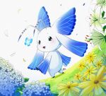  blue_butterfly blue_flower bug butterfly digimon digimon_(creature) flower full_body grass highres morphomon nabii_oo no_humans open_mouth petals simple_background solo standing white_background white_flower wings yellow_flower 