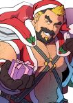  1boy armor bara bare_pectorals beard black_hair blonde_hair body_hair box brown_gloves capelet chest_harness crave_saga facial_hair fur-trimmed_capelet fur_trim gift gift_box gloves grin harness hat holding holding_sack incoming_gift large_pectorals male_focus masa_(mshk_s) mistletoe multicolored_hair nipples noche_(crave_saga) official_alternate_costume old old_man one_eye_closed open_clothes orange_eyes pectorals red_capelet sack santa_costume santa_hat short_hair shoulder_armor smile solo strongman_waist thick_beard thick_eyebrows thick_mustache two-tone_hair 