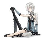  1girl accelerator_(toaru_majutsu_no_index) albino ambiguous_gender androgynous ath1243 bandaged_arm bandaged_leg bandages black_footwear black_ribbon blue_dress cosplay dress elbow_gloves flat_chest flower gloves hair_flower hair_ornament high_heels holding holding_weapon kaine_(nier) kaine_(nier)_(cosplay) lace_trim light_frown looking_to_the_side pale_skin red_eyes revealing_clothes ribbon sanpaku short_hair sidelocks sitting solo toaru_majutsu_no_index torn_clothes two-tone_gloves weapon white_hair 