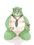  2023 anthro bear belly big_belly black_nose blush green_body green_eyes hi_res kemono male mammal moobs navel necktie nipples overweight overweight_male simple_background solo tengzai05 
