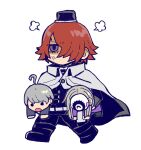  ._. 3boys :o ahoge anger_vein black_footwear black_headwear black_jacket blonde_hair boots cape carrying carrying_person carrying_under_arm chibi commentary covered_face full_body grey_hair hair_over_one_eye hanabusashu highres jacket long_hair long_sleeves makoto_kagutsuchi male_focus mask master_detective_archives:_rain_code multiple_boys purple_eyes purple_jacket red_hair shaded_face short_hair simple_background symbol-only_commentary walking white_background white_cape yomi_hellsmile yuma_kokohead 