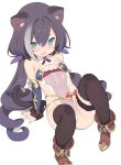  1girl alternate_costume animal_ear_fluff animal_ears arm_support black_hair black_thighhighs blade_(galaxist) boots breasts brown_footwear cat_ears cat_girl cat_tail hair_ribbon highres karyl_(princess_connect!) long_hair looking_down low_twintails multicolored_hair princess_connect! purple_ribbon ribbon simple_background sitting small_breasts solo streaked_hair tail thigh_strap thighhighs twintails white_background white_hair 