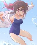  1girl :d bare_legs barefoot black_hair blue_one-piece_swimsuit breasts brown_eyes coat commentary hair_between_eyes hair_ornament hairclip highres kyarahiba lab_coat long_sleeves medium_breasts multicolored_hair one-piece_swimsuit onii-chan_wa_oshimai! open_clothes open_coat open_mouth oyama_mihari purple_hair smile solo swimsuit swimsuit_under_clothes two-tone_hair water 