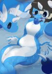  absurd_res ambiguous_gender blue_body blue_scales blush bodily_fluids brown_hair dragon dragonair duo female feral generation_1_pokemon hair hi_res human mammal nintendo pokemon pokemon_(species) scales sweat transformation winte 