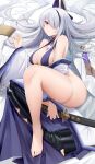  1girl absurdres arm_between_legs azur_lane bare_shoulders blush breast_curtains breasts butterfly_over_eye choker detached_sleeves floral_print_kimono grey_hair hair_over_one_eye highres holding holding_sword holding_weapon kafeifeifeifeifeifei_jiemo_jun katana large_breasts large_horns long_hair looking_at_viewer multicolored_hair purple_choker sideboob single_barefoot single_thighhigh solo streaked_hair sword thighhighs unzen_(azur_lane) weapon wide_sleeves 