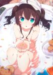  1girl :o absurdres ahoge bath bathing bathtub breasts brown_hair collarbone commentary green_eyes hair_between_eyes hands_up highres hololive knees_up looking_at_viewer natsuiro_matsuri nude okota_mikan parted_lips partially_submerged petals petals_on_liquid sitting small_breasts solo symbol-only_commentary twintails virtual_youtuber water 