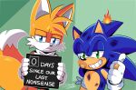  2021 annoyed anthro band-aid bandage blue_eyes canid canine clothing danielasdoodles duo english_text eulipotyphlan fire fox gloves green_eyes handwear hedgehog holding_object holding_sign looking_at_viewer male mammal miles_prower sega sign signature simple_background smile sonic_the_hedgehog sonic_the_hedgehog_(series) teeth text 