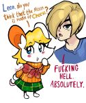  ashley_graham_(resident_evil) blonde_hair capcom clothed clothing dialogue digital_media_(artwork) duo english_text female hair human jamoart leon_kennedy_(resident_evil) male mammal mouse moushley murid murine open_mouth resident_evil rodent simple_background text 